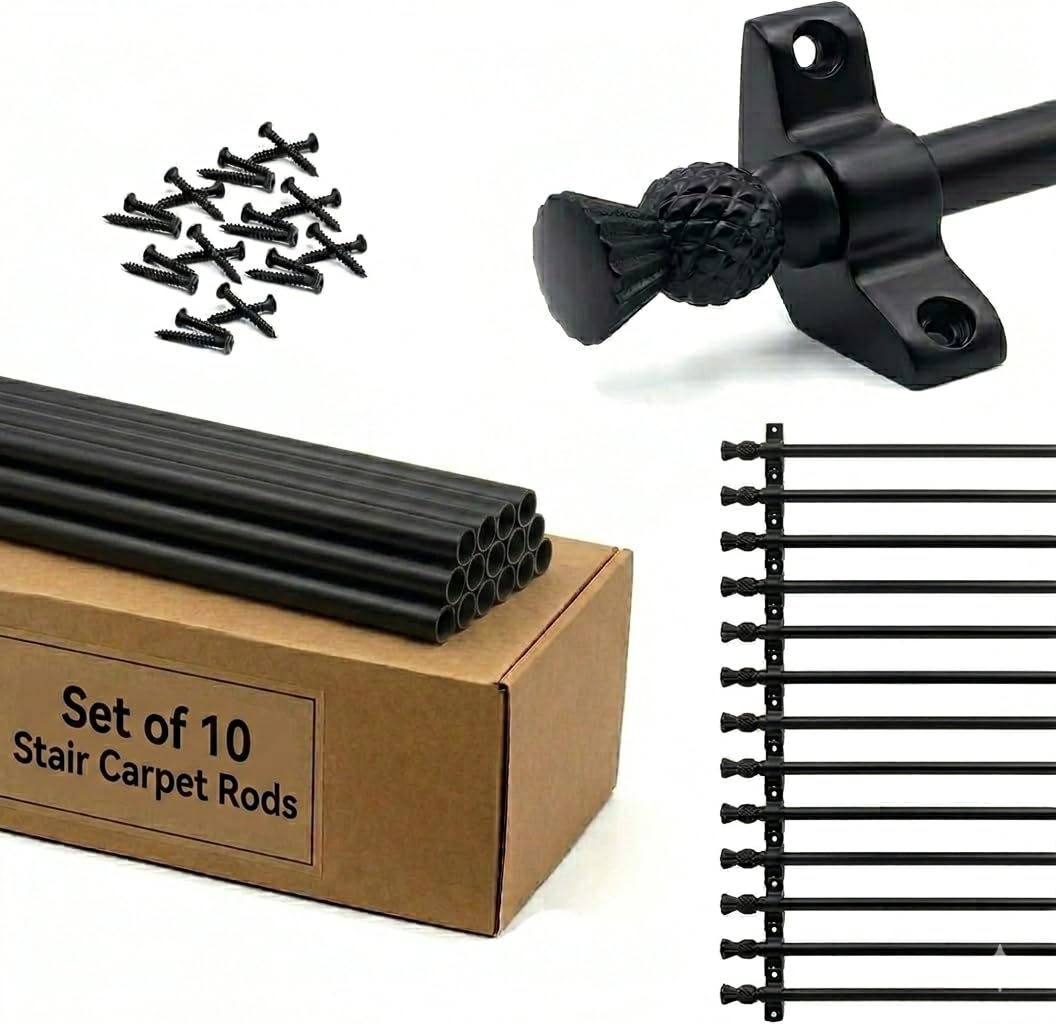 Set of 10 Stair Carpet Rods, 70cm, Wrought Iron, Thistle Finials
