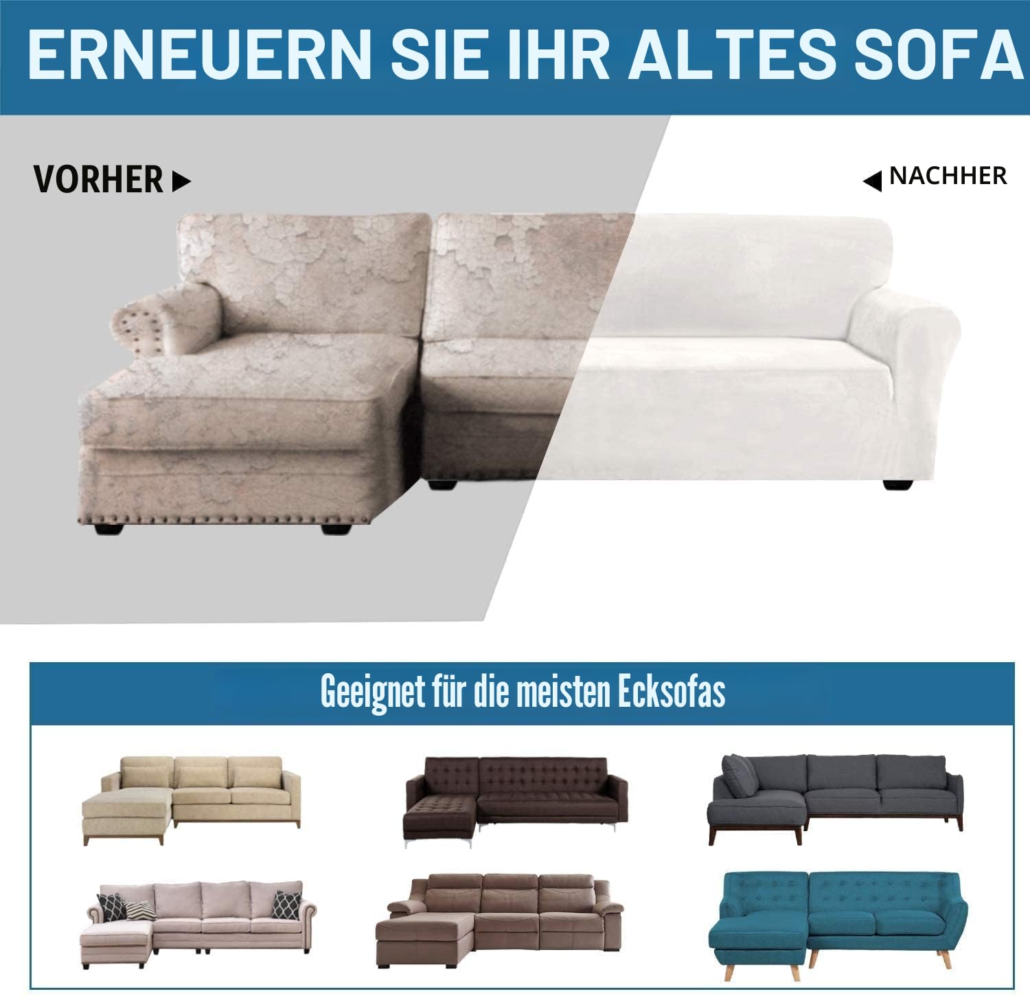 ShowyLive Sofa Überzug Couch Überzug 2er Set für Ecksofa L-Form Sofabezug 3 Sitzer+3 Sitzer, mit 2 Stück Kissenbezug, Dunkelblau