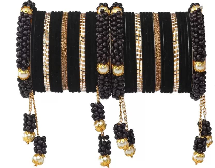 DONERIA Metal with Zircon Gemstone Or Velvet worked Glossy Finished Latkan Bangle Set For Women and Girls, (Black_2.2 Inches), Pack Of 42 Bangle Set (B0BQGH3JT6) Amazon Price History, Amazon Price Tracker