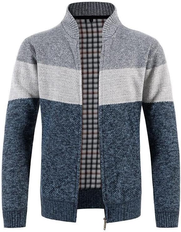 Mens Casual Knit Sweater Autumn Winter Stand Collar Color Block Cardigan Plaid Lined College Sweaters