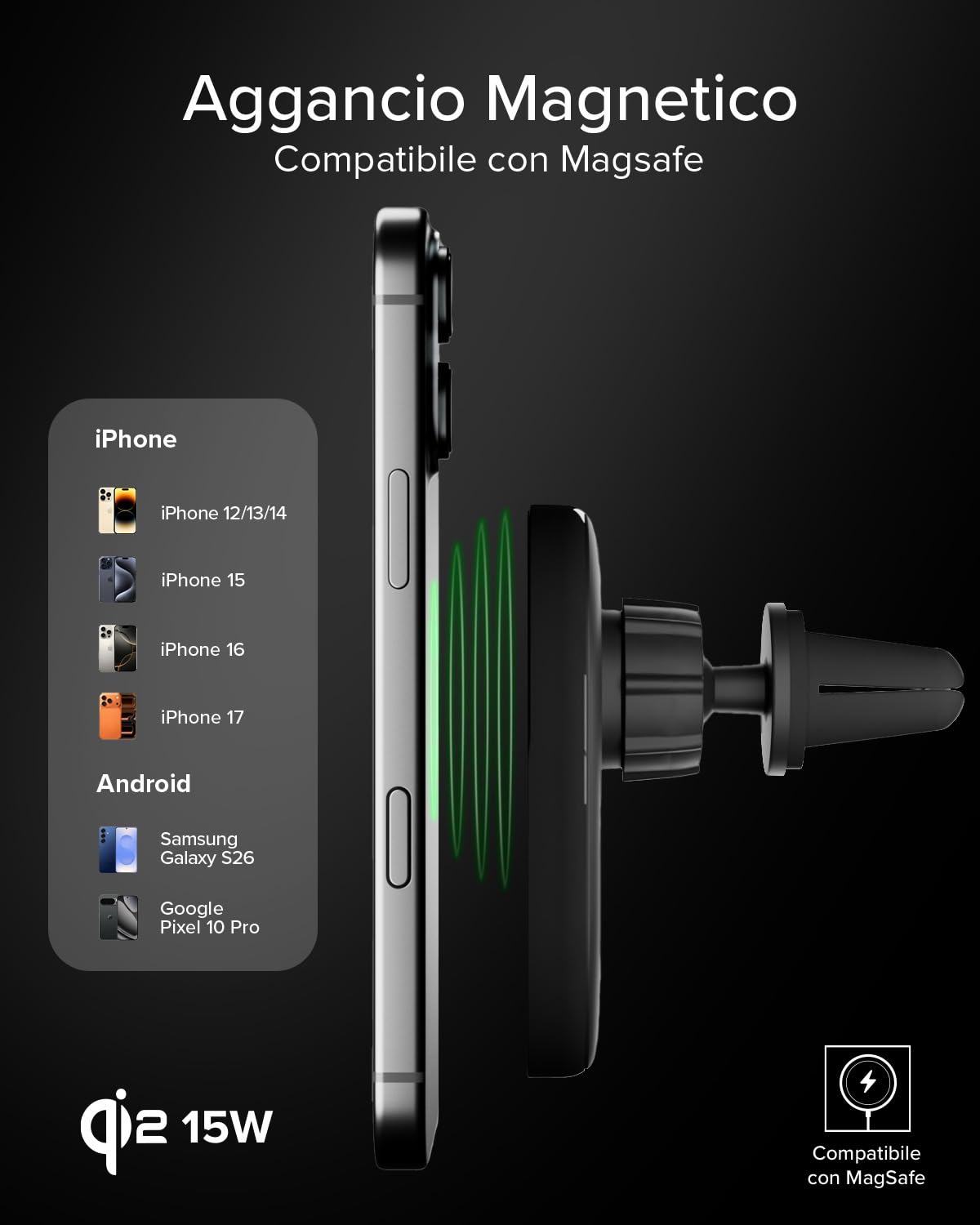 SBS Qi2 15W Caricatore Wireless MagSafe, Porta Cellulare Auto Magnetico, Attacco Bocchetta dell'Aria, Ricarica Rapida, Alimentazione USB-C, Caricabatterie per iPhone, Android, Nero | Attacco Bocchetta dell'Aria, Ricarica Rapida, Alimentazione USB-C, Caric