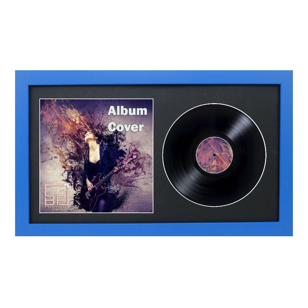 10 Inch Vinyl Record Display Frame for EP Record and Album Sleeve, Black Mount, Wall-Mounted Memorabilia Vinyl Record Frame, Blue Solid Wood Album Cover Frames