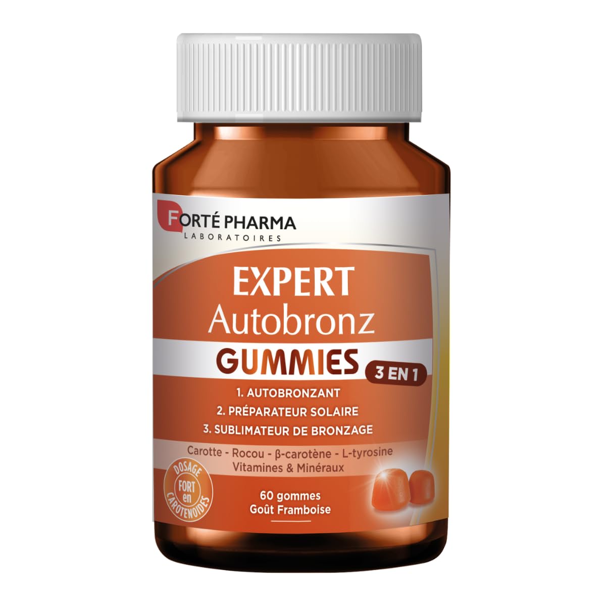 Forté Pharma - Expert AutoBronz Gummies solaire - L-tyrosine, Lutéine, Beta carotene - Complement alimentaire bronzage - Teint hâlé, bonne mine, préparateur solaire - 60 gommes à mâcher, 2/jour
