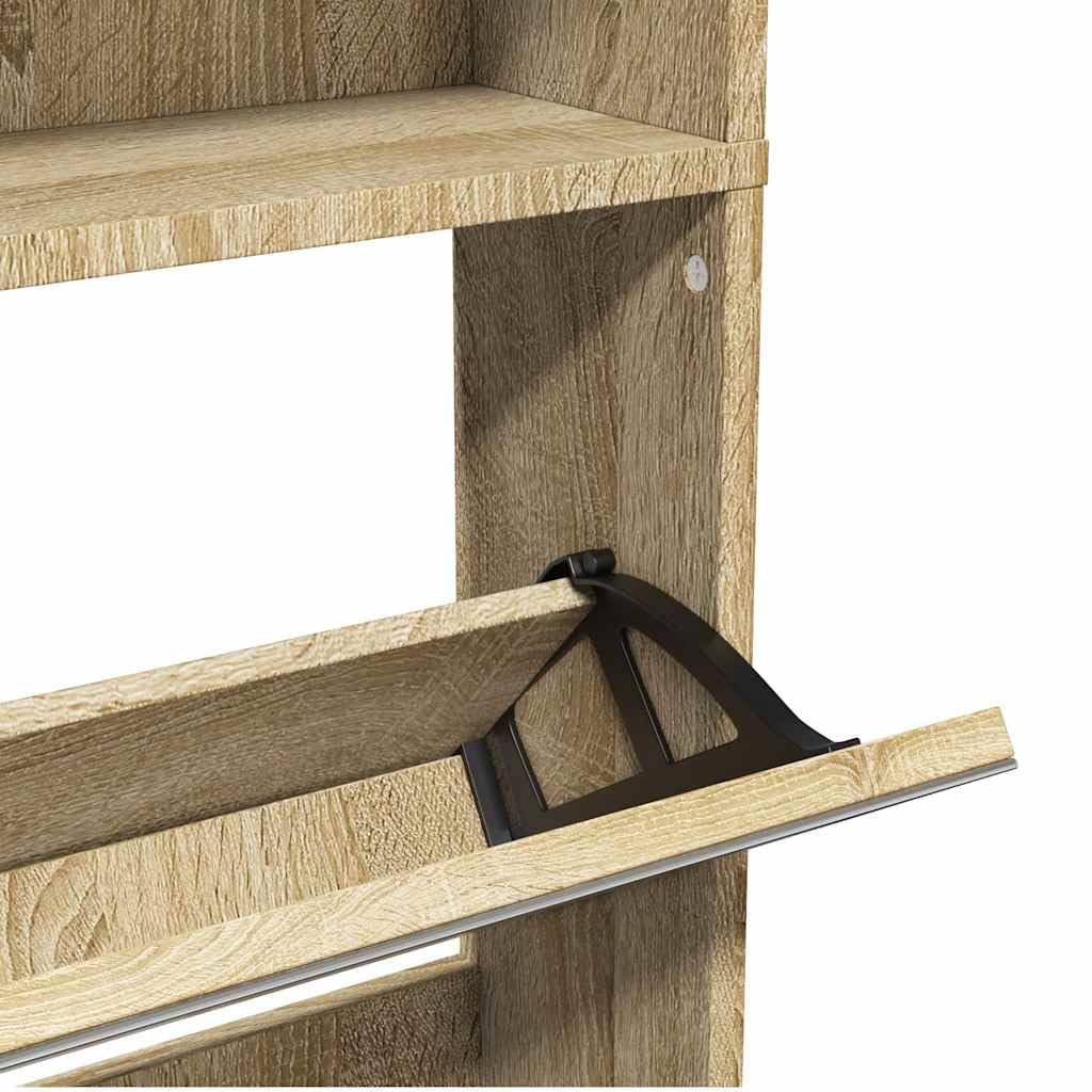 Szafka na buty z lustrem dębowym z 4 składanymi półkami, 63 x 17 x 134 cm, regał na buty, organizer do korytarza, korytarza, garderoby, zamknięta półka na buty, wąska, wysoka, możliwość