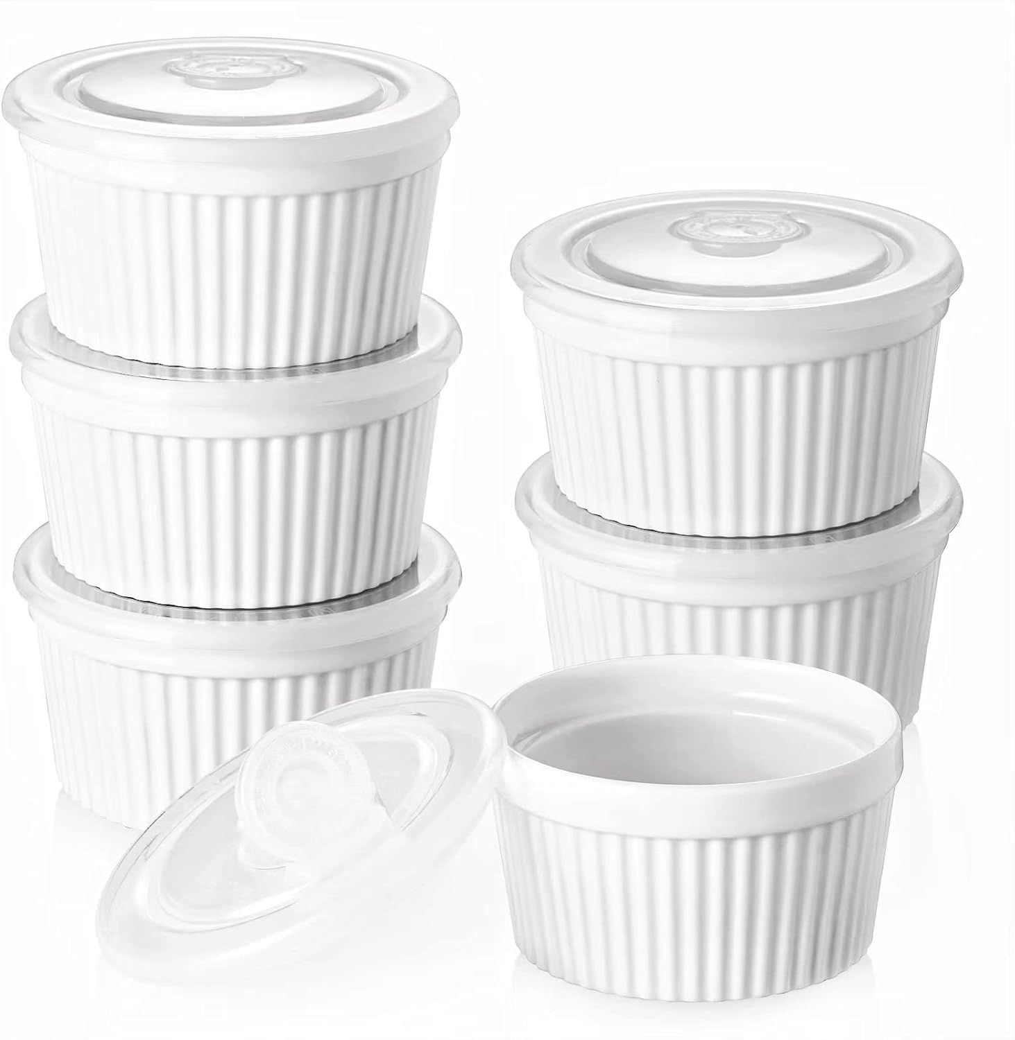 DOWAN Ramekins 8 oz Oven Safe with Lids, Creme Brulee Ramekins Bowls, Porcelain Ramiken Souffle Dishes, Custard Cups for Baking, Small Bowls for Pudding Dip Sauces Charcuterie Dessert, Soft White, Set of 6