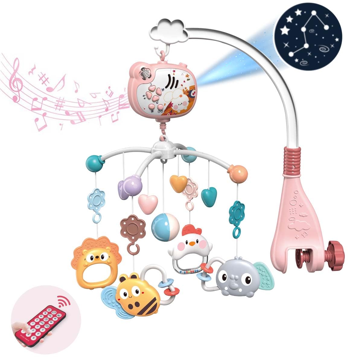 Móvil Para Cuna con Música, Luz Nocturna y Proyector de Estrellas de Luna, Móvil para Cuna con Función de Temporizador de Control Remoto, Rotación de 360°, Juguetes de Cuna para Recién Nacidos, Niños