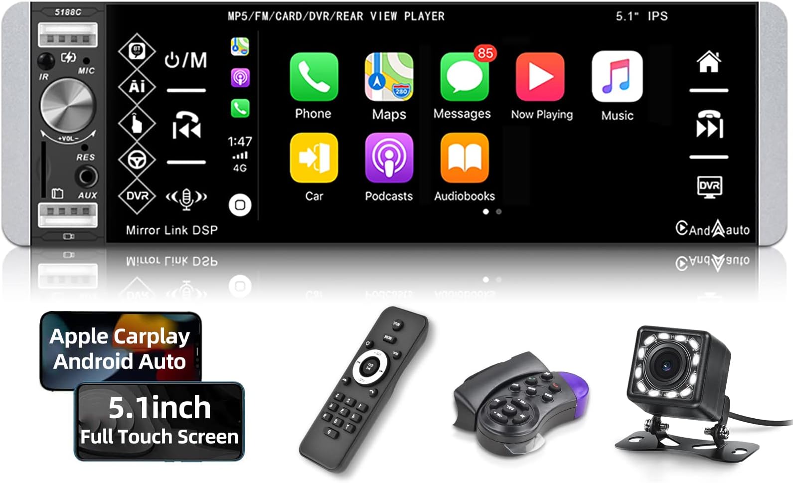 NHOPEEW 1 Din Car Stereo Android Auto and Apple Carpay 5.1 inch Touchscreen Bluetooth Single Din Car Radio with Voice Assistant FM RDS+Microphone+SWC+Backup Camera