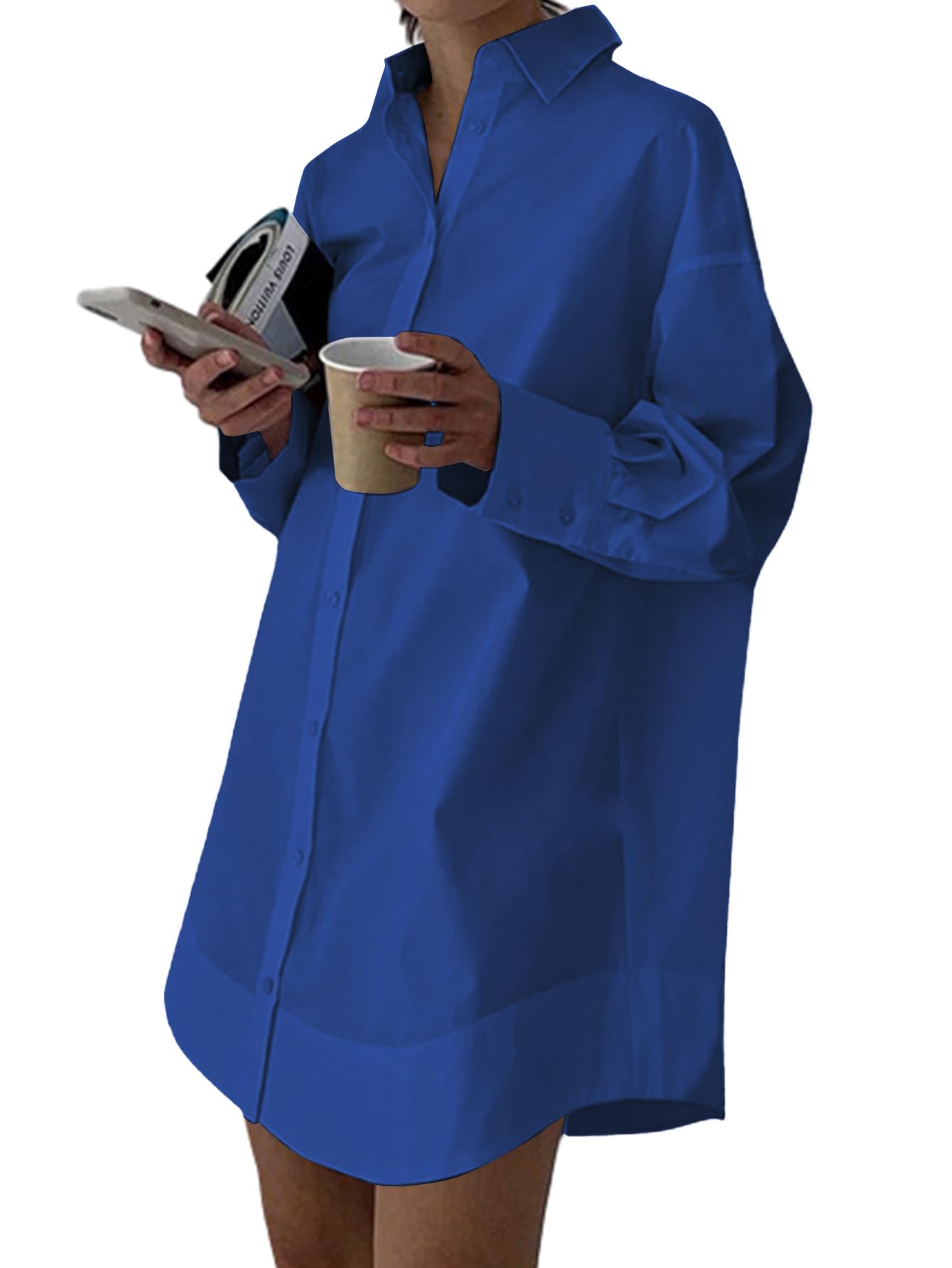 LYANER Women's Casual Shirt Dress Collar V Neck Button Down Loose Long Sleeve Mini Dresses