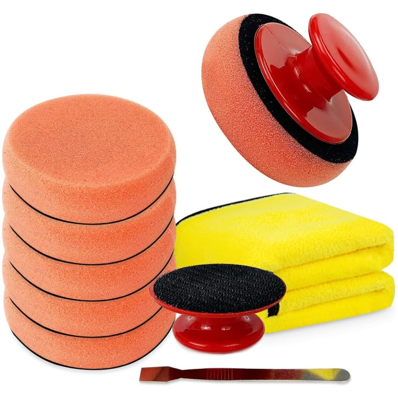 VGECEE 10 Pcs I Juego de Almohadillas de Pulido para Coche Esponja Pulir Coche 100mm Esponja Pulido Coche Con Mango Ergonómico, Paño de Microfibra para Quitar Arañazos Coche y Pulir Faros Coche a Mano