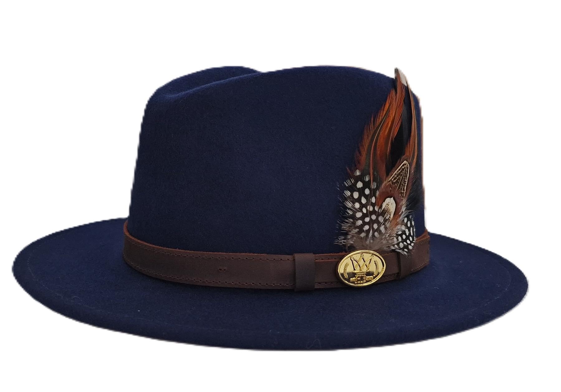 Hazy Blue Mens Ladies Fedora Wide Brim 100% Wool Blend Water Resistant Leather Band Felt Hat Pheasant Feather (UK, Alpha, XL, Navy)