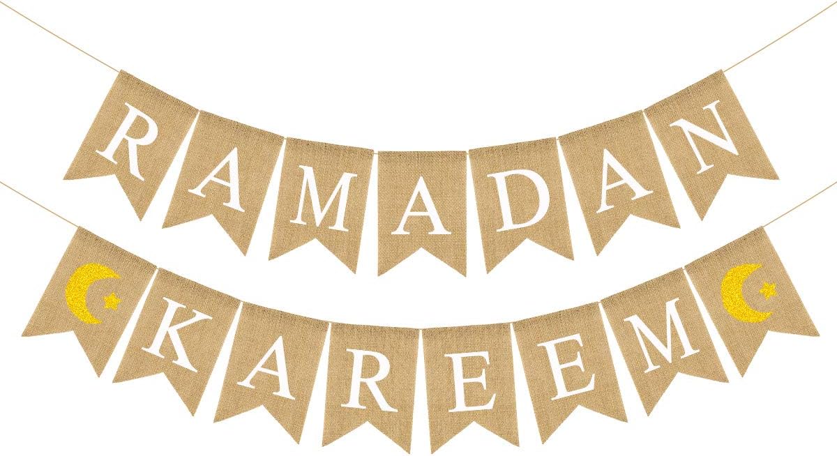 2 Pack Rustic Ramadan Kareem Banner Burlap - Moon & Lantern Decor - Beige, White, Yellow, Brown - Rectangular Banner - 17ft