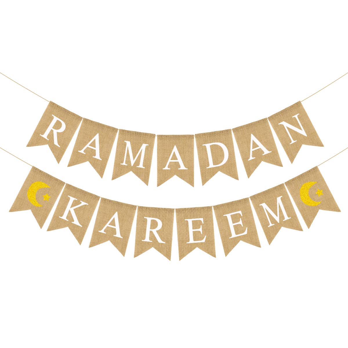 2 Pack Rustic Ramadan Kareem Banner Burlap - Moon & Lantern Decor - Beige, White, Yellow, Brown - Rectangular Banner - 17ft