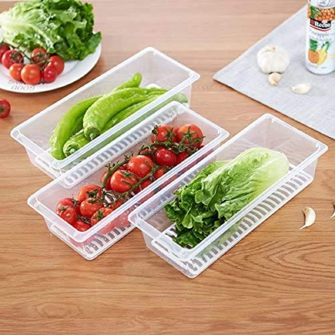 RAMNAI TRADING Fridge Organizer Case with Removable Drain Plate Food Storage Container Freezer Storage Containers Keep Fresh for Storing Fish, Meat, Vegetables (Pack of 2)