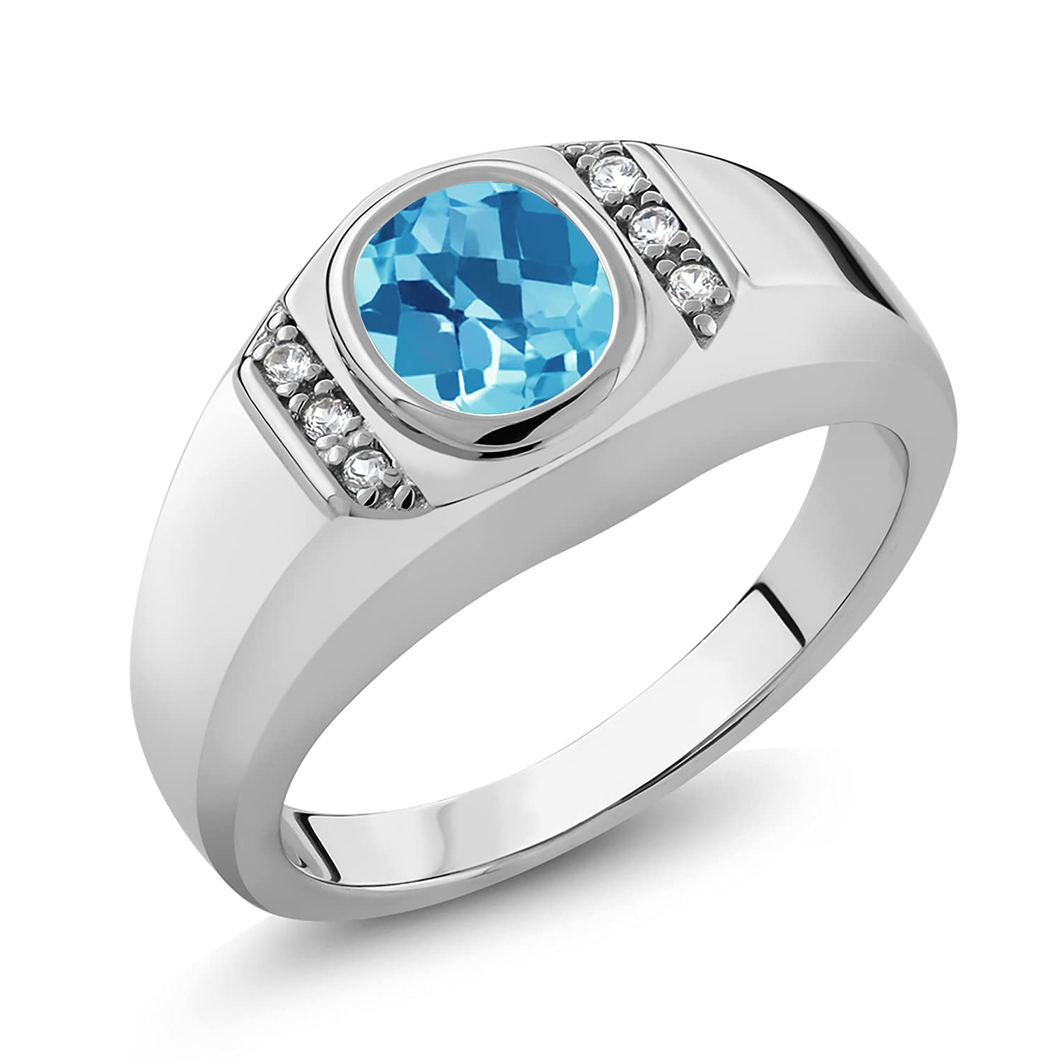 Gem Stone King 1.36 Ct Oval Checkerboard Swiss Blue Topaz White Created Sapphire 925 Sterling Silver Men's Ring