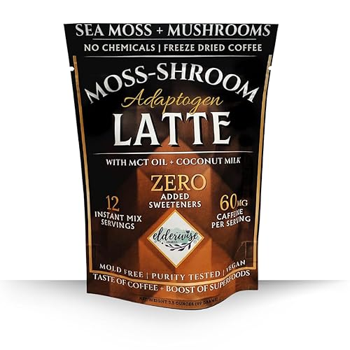 Elderwise Coffee - Latte - Melena de León, Chaga, Reishi, Cordyceps, aceite MCT, crema de coco y musgo marino - 12 porciones - Café instantáneo