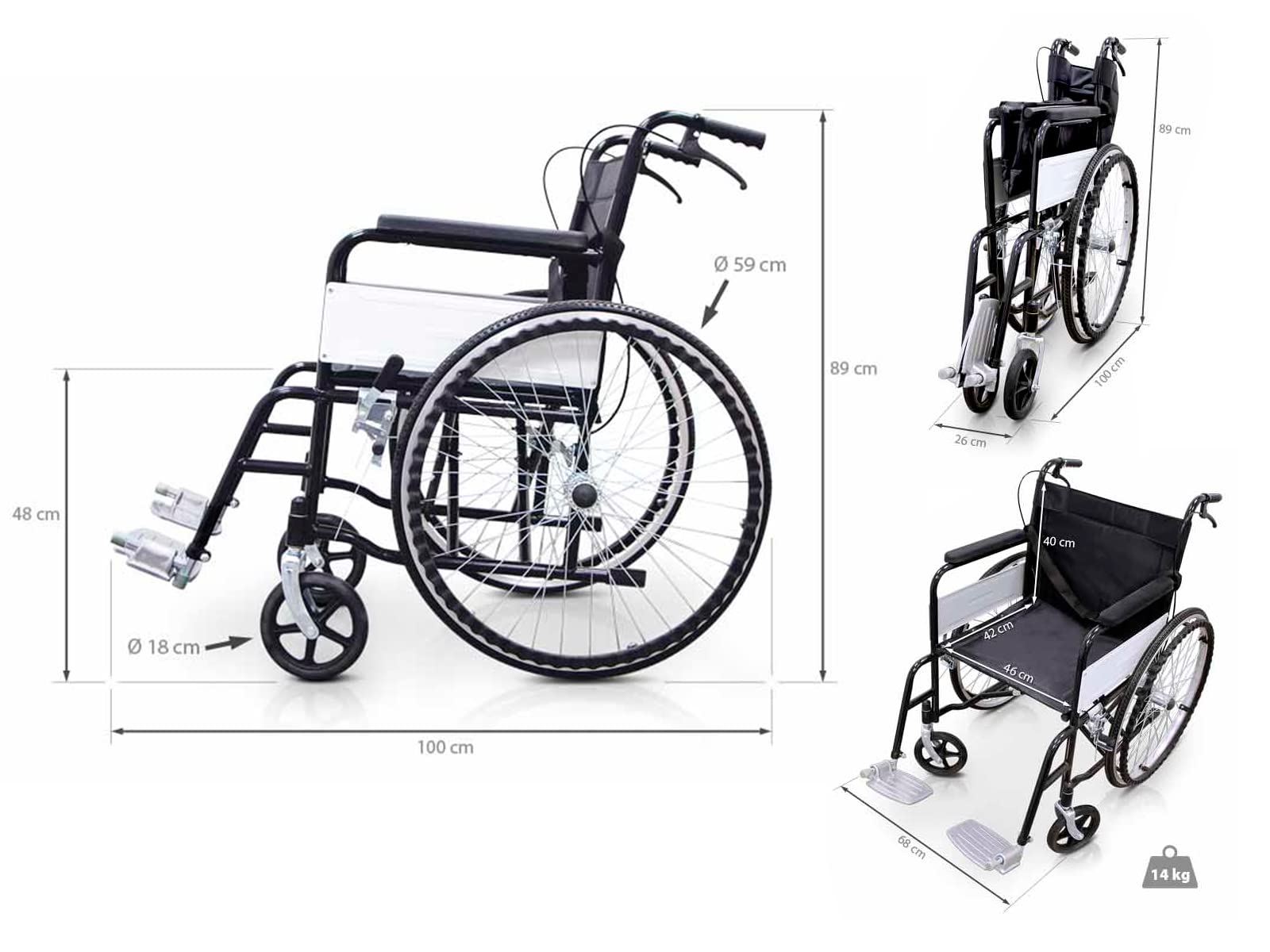 QUIRUMED Silla de ruedas plegable, modelo BASIC, Acero, Reposapiés extraíbles, Cinturón de seguridad, Asiento 46 cm, Para mayores, Para minusválidos, Hasta 120 kg