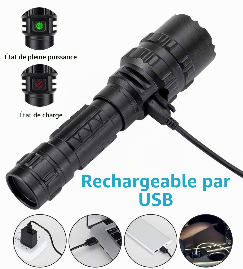 Alonefire G200 Lampe de Poche LED Tactique Ultra Puissante 4000 Lumens élevés XHP50.2 USB Rechargeable 5 modes avec Pile Incluse pour Camping Chasse Sécurité Police Randonné Militaire