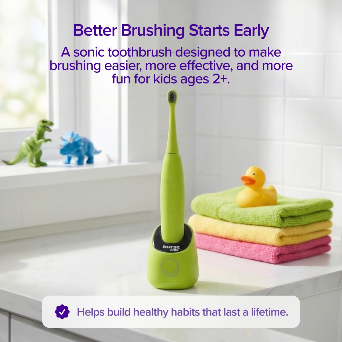 Burst Spazzolino elettrico per bambini e bambini (verde) | Setole morbide | Timer da due minuti, batteria ricaricabile, manico in silicone facile da impugnare, 2 modalità per sorrisi sani, età 3+