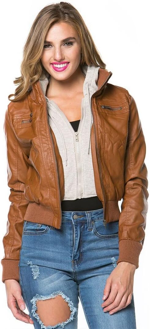 Sweater Insert Leather Bomber Jacket in Tan (Plus