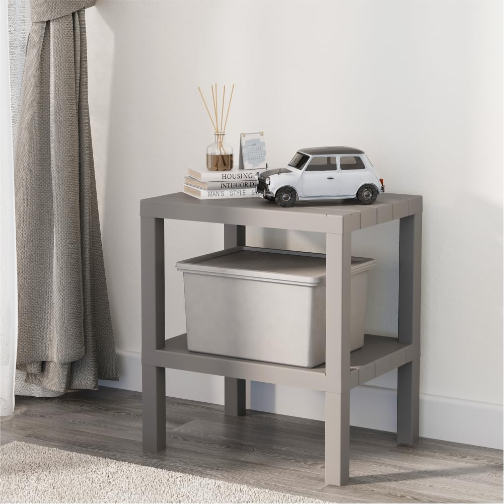 sugodesign OMBEG 2-stöckiger Mehrzweck-Beistelltisch, Nachttisch, Rechteckig, Wasserfester Kunststoff, Tragkraft 10 kg pro Boden, für Bad, Küche, Balkon, Schlafzimmer (grau)