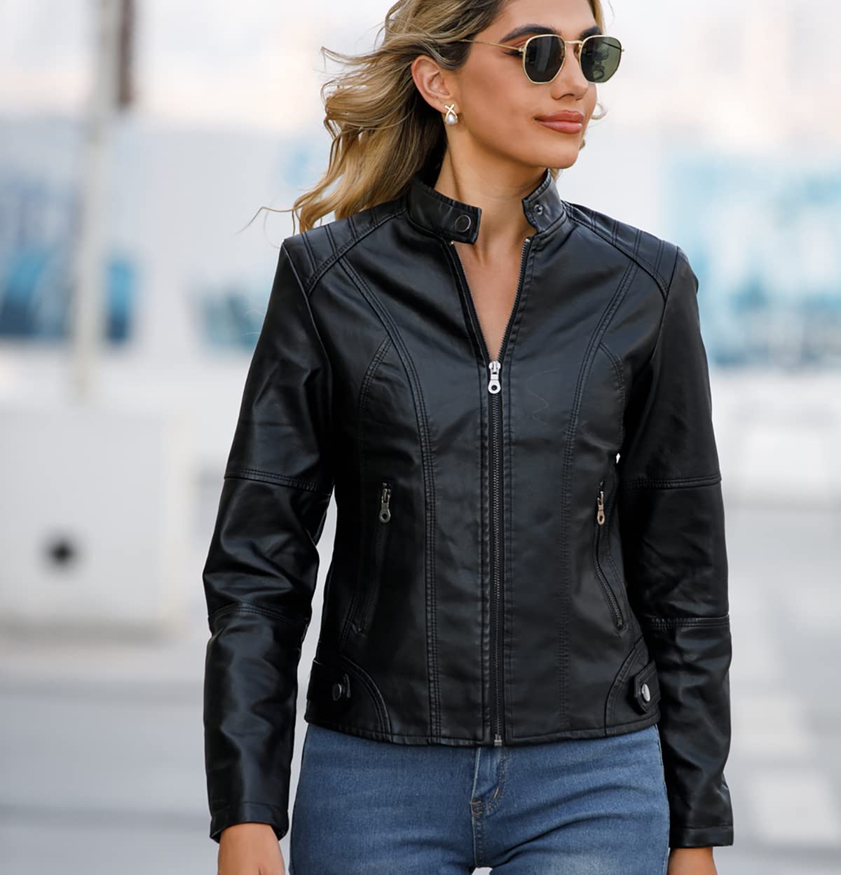 Giacca Similpelle Donna Corta Giubbino Ecopelle Donna Giacca Biker Jacket Donna Giubbotto Similpelle Faux Leather Jacket Donna Giacche Ecopelle Giacca Bikers Finta Pelle Donna Stand-up Curvy Primavera