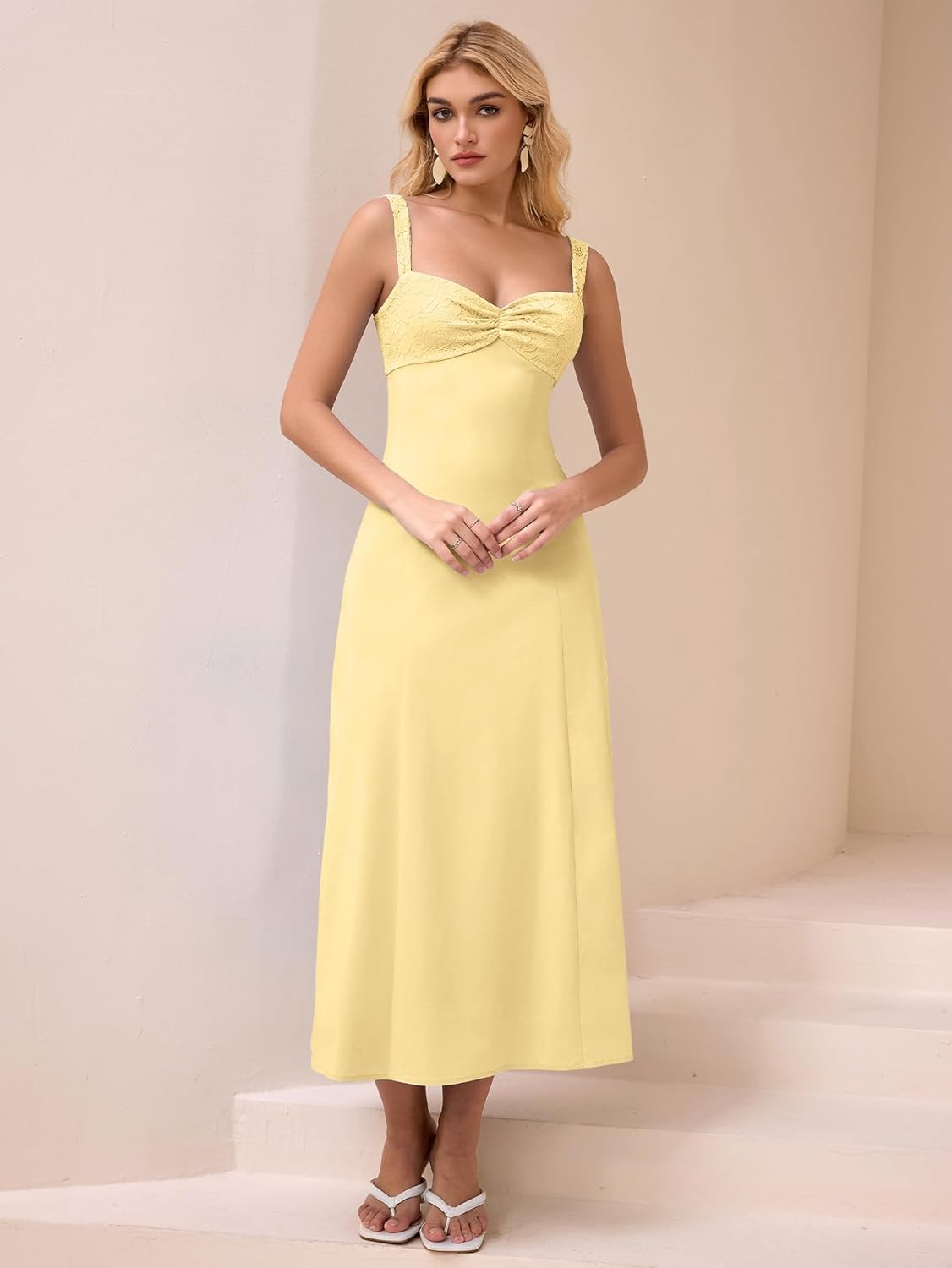 EYNMIN Lace Strap Midi Dress Sweetheart Neckline Bow Tie Backless A Line Wedding Guest Dresses for Women Casual Sundress - Image 4