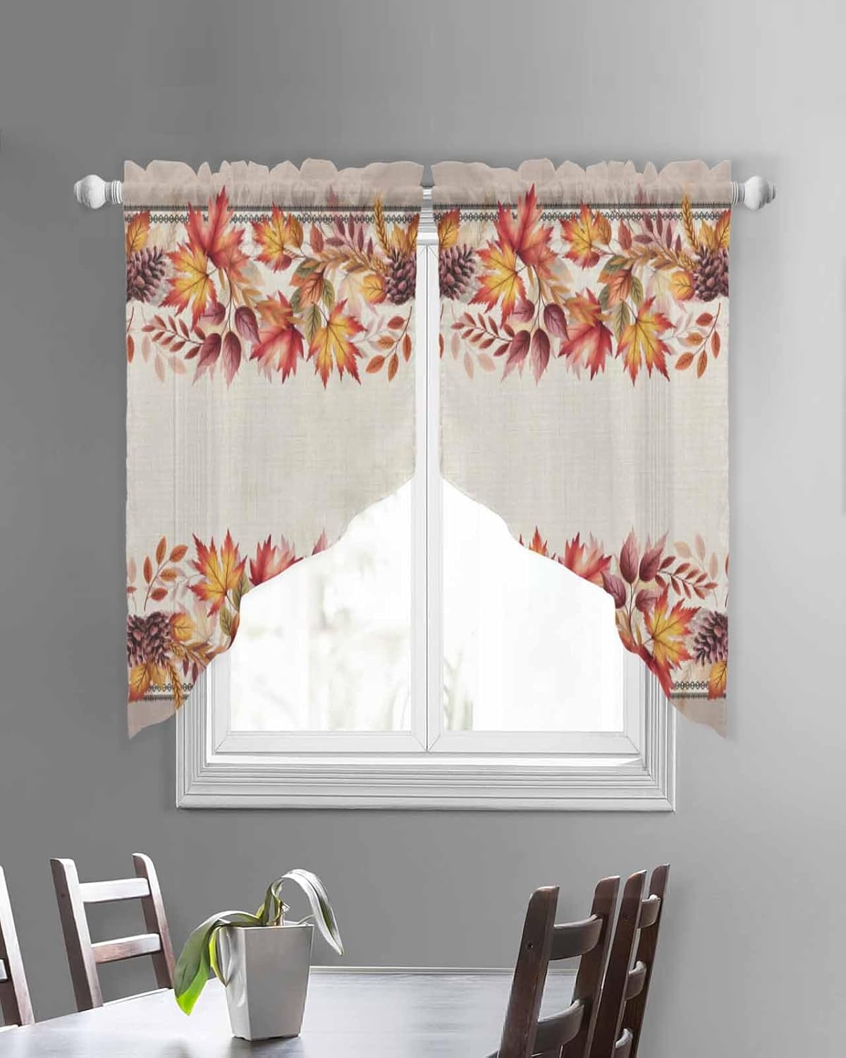 Swag Valances for Windows, Thanksgiving Farmhouse Window Valance Sheer Curtains Light Filtering Swag Curtains for Kitchen, Bedroom, Fall Maple Leaf Khaki Modern Geometric 36" Wx36 Lx2
