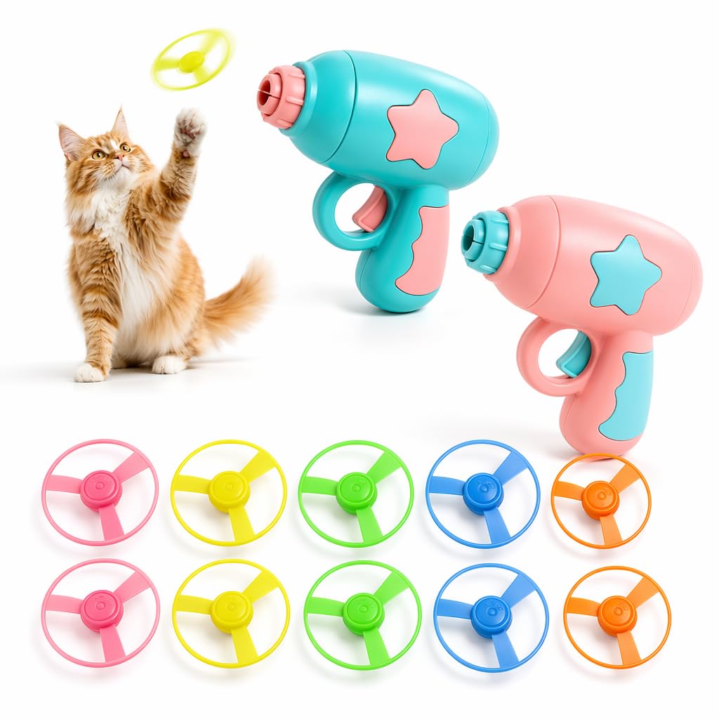 12 Pcs Flying Disc Launcher Toy, Flying Disc Launcher Toy with 2 Shooters & 10 Colourful Propellers, Interactive Cat Toy with Flying Toy Feature, Outdoor Exercise Training and Multi-Pet Play Sessions