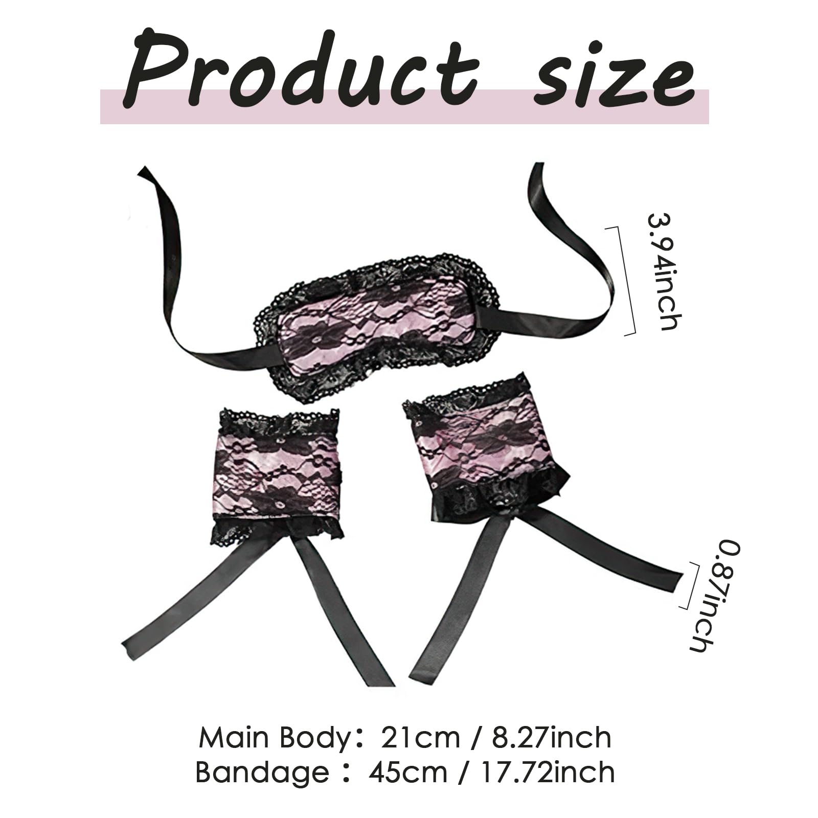 FRESHME Antifaz para dormir con los ojos vendados y lazos para las manos – 3 unidades, color rosa y negro, bonito y cómodo, de encaje, para parejas, mujeres, bonito regalo para el día de San Valentín