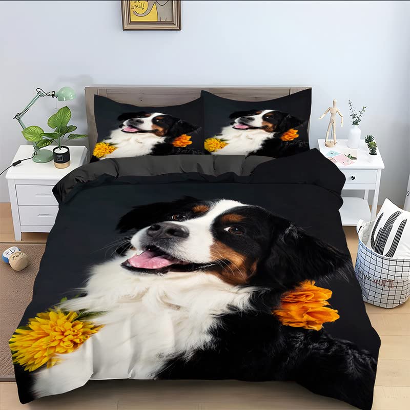 Housse de couette 160x200 chien noir en microfibres avec 2 taies d'oreiller 65x65