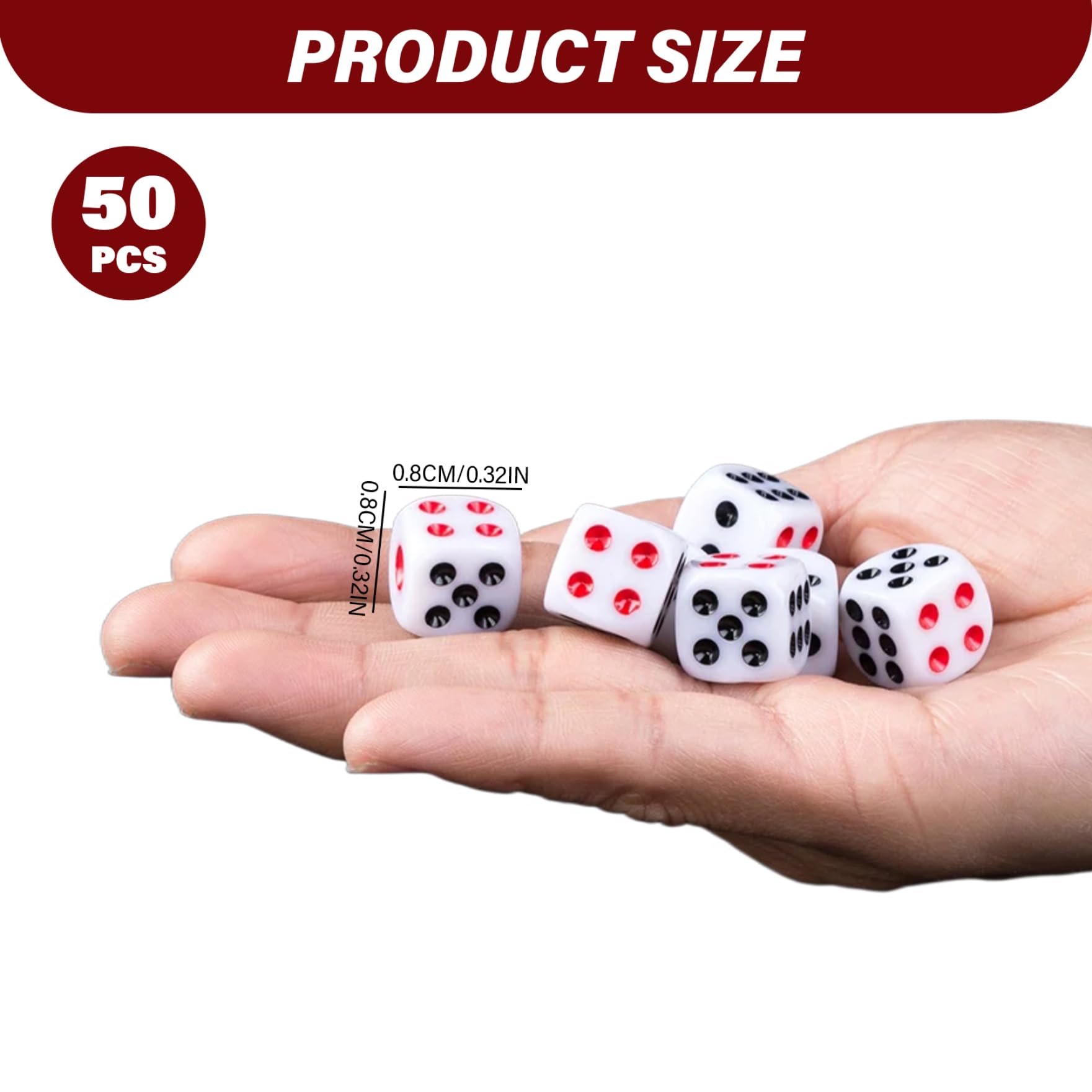 Set di Dadi da 50 Pezzi, Dadi in Acrilico a 6 Facce, Mini da 8 mm con Punti Neri e Rossi per Giochi da Tavolo, insegnamento della Matematica, attività, Tema del Casinò, bomboniere del Casinò
