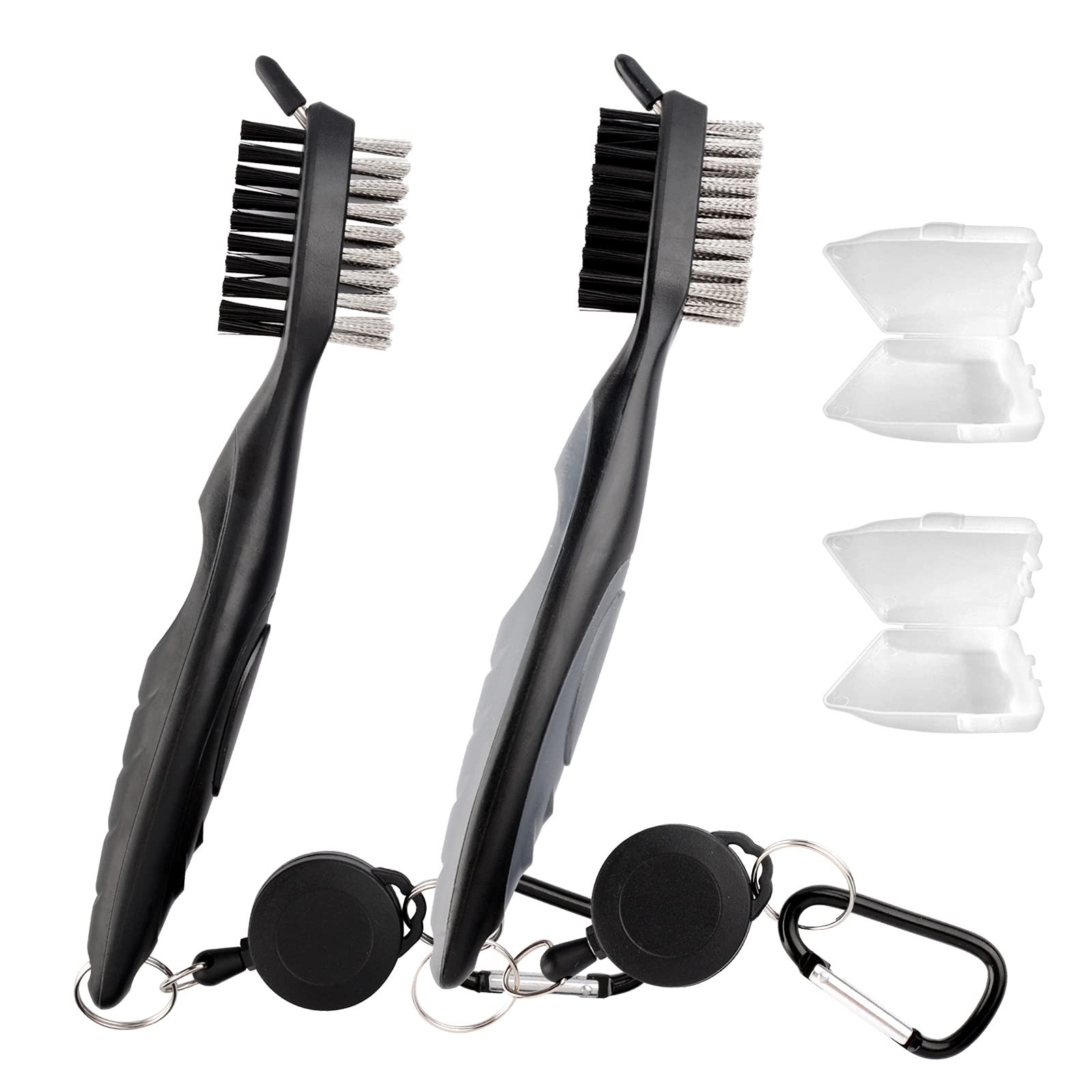 NNAAQidie Golf Club Brush Groove Cleaner Brush 2 Pack Nylon and Steel Brush Double Sided with Spike Retractable Zipper Line Durable Cleaning Tools Carabiner Lightweight Ergonomic Design Black Gray