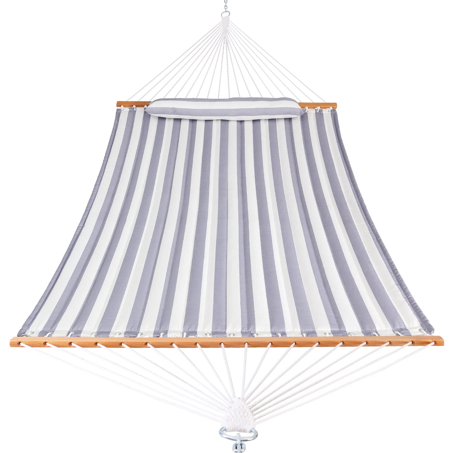 HARBOURSIDE 12FT Quilted Hammock with Spreader Bar, 2 Person Double Hammock with Pillow and Chains, Hammock for Indoor Outdoor, Bedroom Patio, 450 lbs Capacity，Gray Stripe