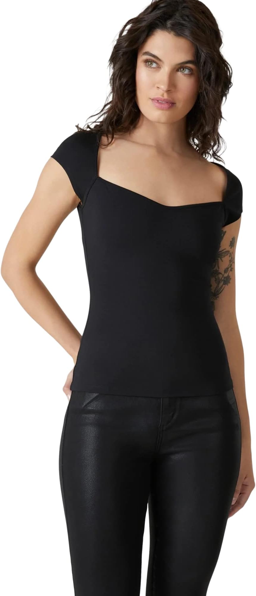 SIGHTBOMB Sweetheart Neck Short Cap Sleeve Ribbed Slim Fit Tops for Women