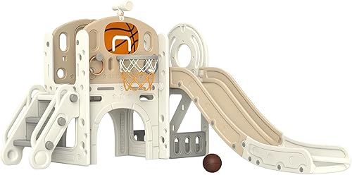 Qaba Juego de toboganes 7 en 1 para niños de 1 a 6 años con lanzamiento de anillo, aro de baloncesto, telescopio, patio de juegos interior con
