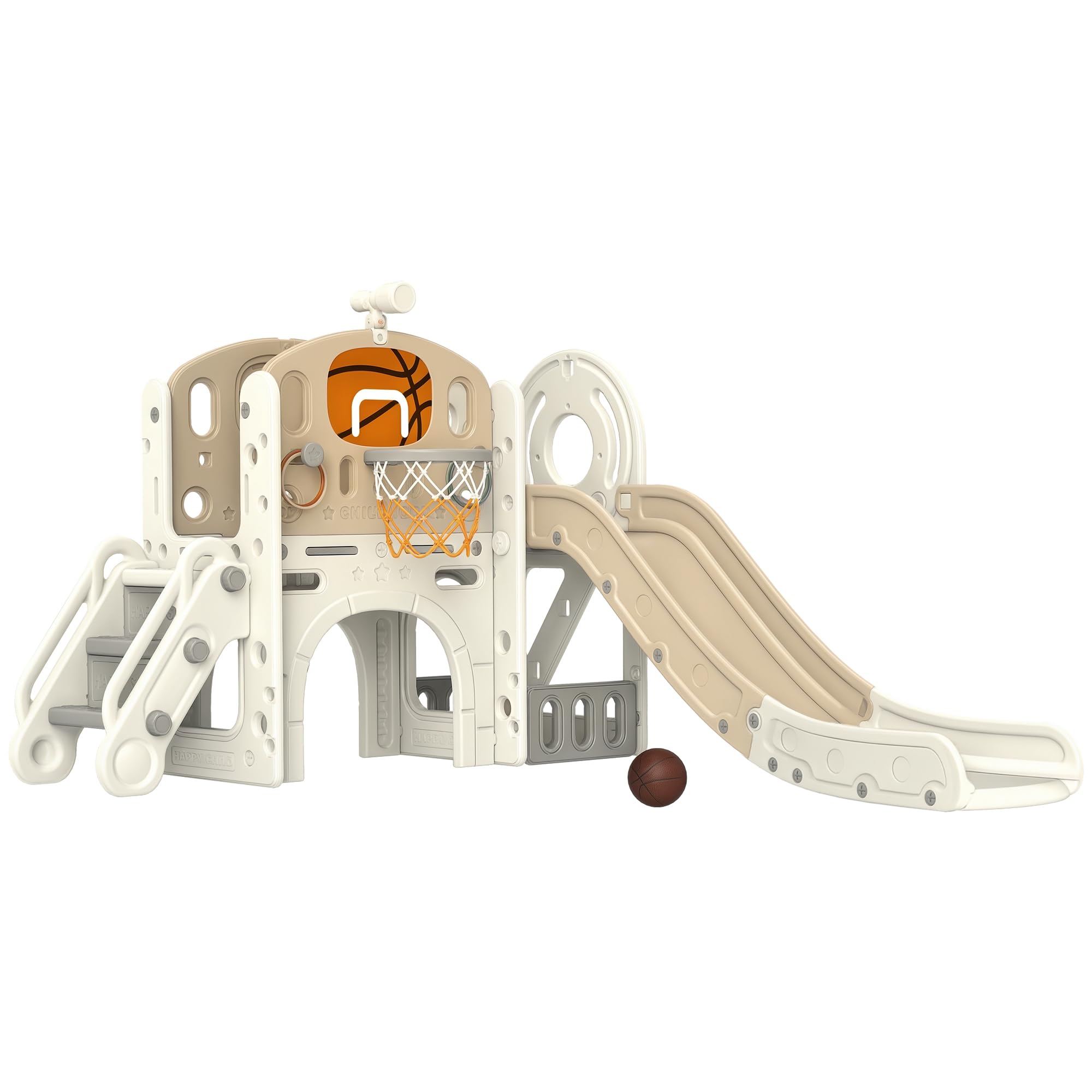 AIYAPLAY Kinderrutsche 7-in-1 mit Basketballkorb für Indoor & Outdoor | Kleinkinderrutsche Klettergerüst, Teleskop, Tunnel, Plattformgang, Aufbewahrungskorb, für 1 bis 6 Jahre Kinder