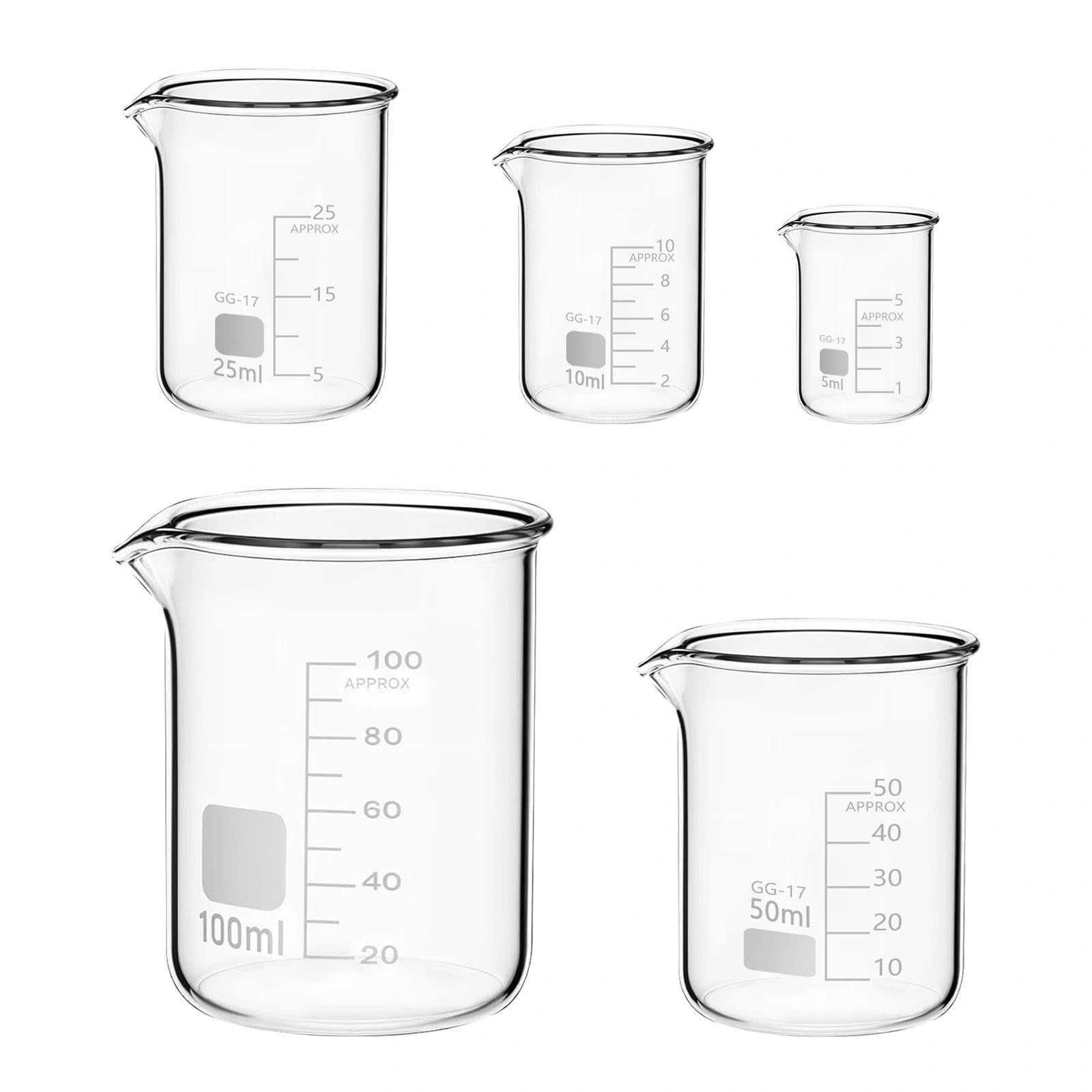 Zestaw szklanych zlewek 100 ml 50 ml 25 ml 10 ml 5 ml, 5 szklanych zlewek miarowych z borokrzemianu szkła do laboratorium, klasy i użytku domowego
