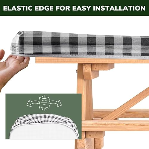 Miniatura 4 de Funda de mesa de picnic con fundas de banco funda elástica impermeable de 6 pies, juego de 3 piezas de mantel de vinilo con respaldo de franela para