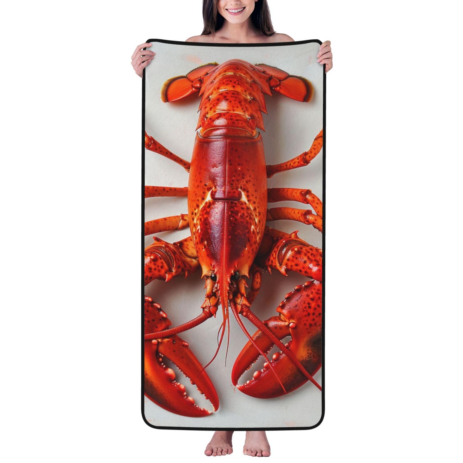 WPKJU Lobster Printed Bath Towel with Black Edging - 27x55 in Soft Extra Absorbent Coral Velvet Shower Towels for Bathroom