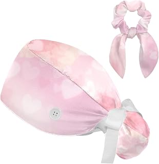 FVQL 2 Pieces Surgical Cap for Long Hair Scrub Cap with Hairband Nurse Cap, Floral Flower Heart Love