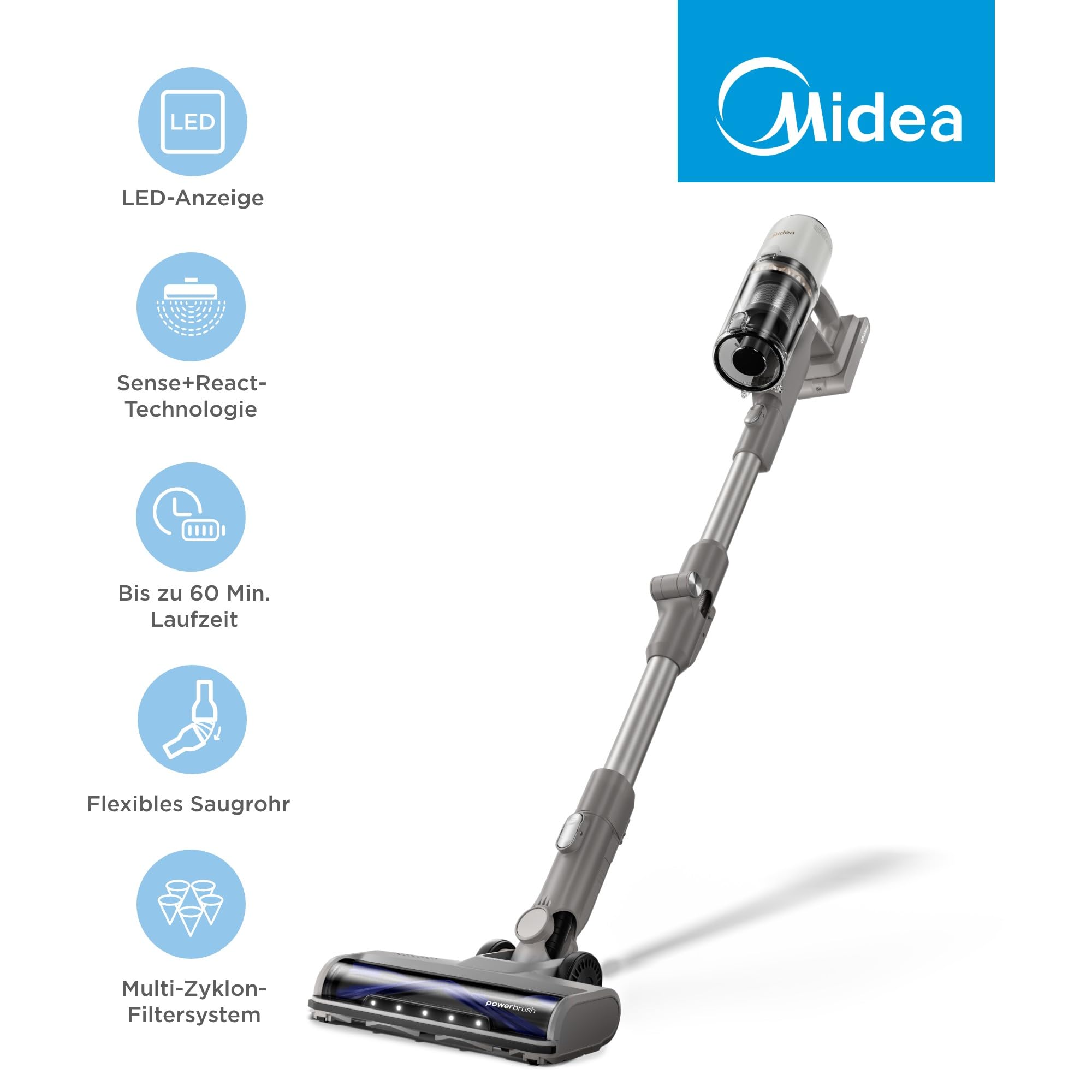 Midea P9 Akku Staubsauger, kabelloser Stielstaubsauger 550 W, bis zu 37 kPa, bis zu 60 Min. Laufzeit, Sense+React, HEPA-Filter, LED-Display, Flexibles Saugrohr, Handstaubsauger, Tierhaare