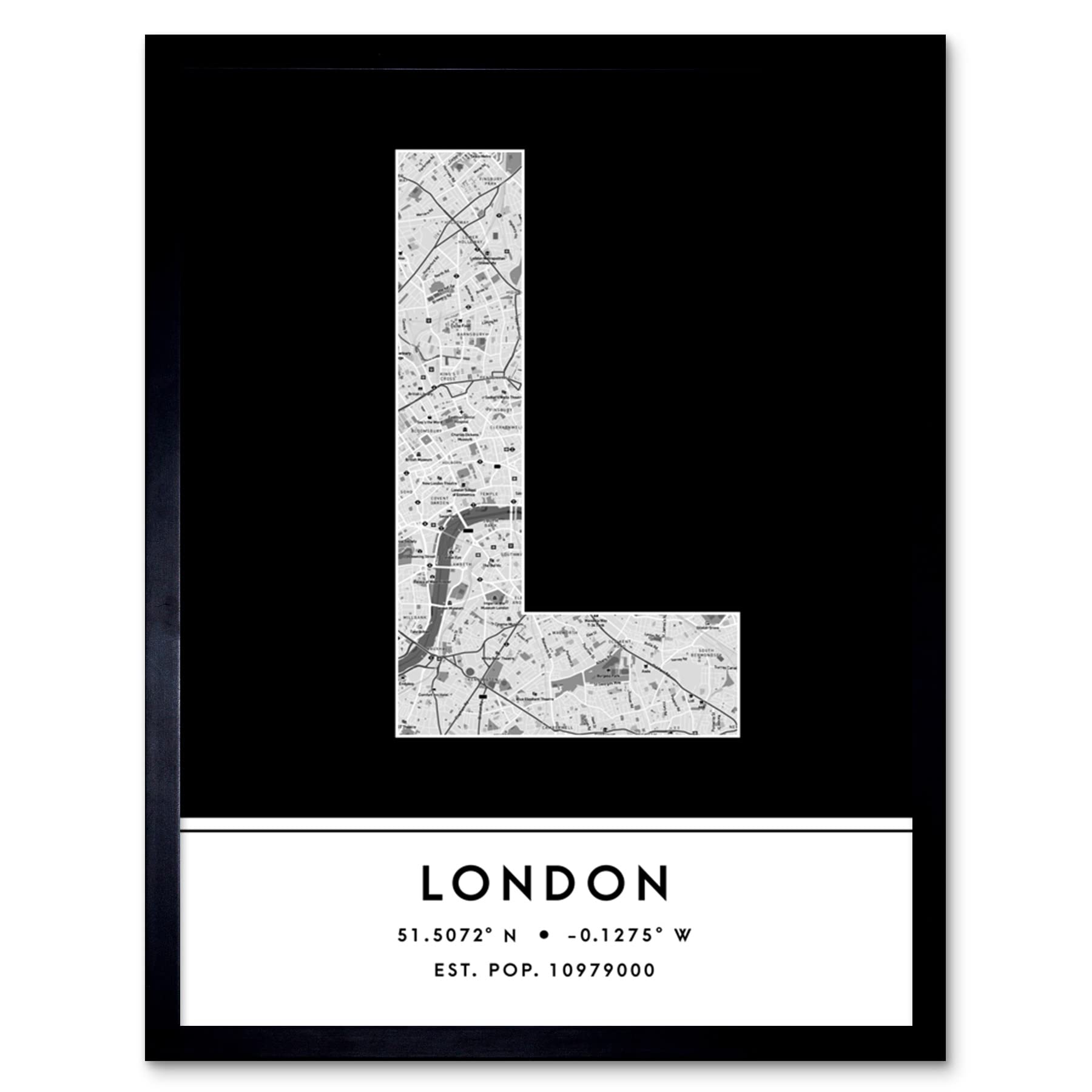 Wee Blue Coo London England United Kingdom City Map Black & White Colour Block Modern Typography Stylish Letter Framed Word Wall Art Print Poster for Home Décor CITYMAP1
