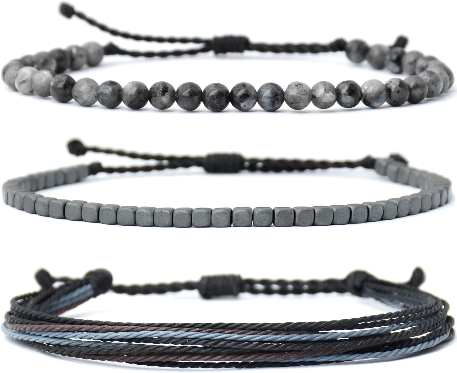 Handmade Natural Stone Beaded & Hematite Healing Bracelet Gift for Men-Set of 3 Stackable Adjustable Waterproof String Rope Bracelets
