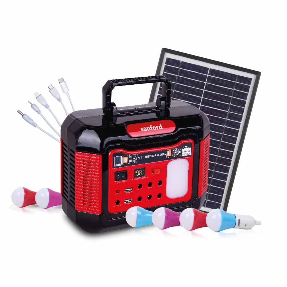 Sanford 9-in-1 Multifunctional Solar Power Station with 11000mAh Battery, 6 LED Bulbs, Dual USB Output, and Digital Display, SF4996PS (Red)