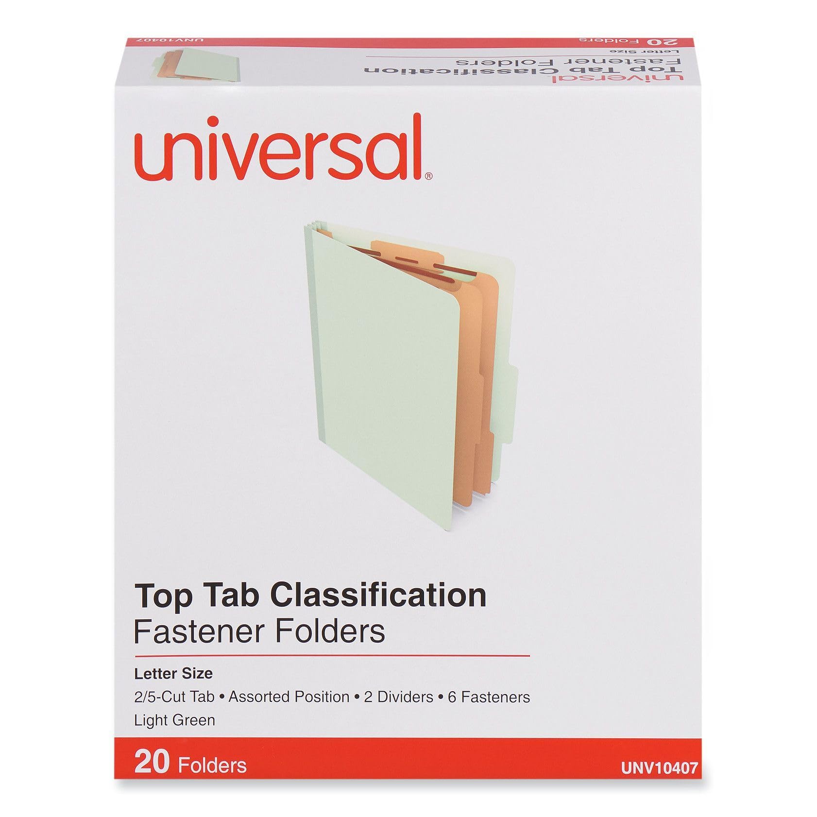 Universal Cartelle di classificazione a sei sezioni, copertina resistente in cartone pressato, 2 divisori, 6 elementi di fissaggio, formato lettera, verde chiaro, 20/scatola