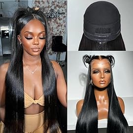 Miss Flower 13x6 Glueless Pull Go Wigs With Drawstring 250 Density Hidden Strap Snug Fit Ultra-thin Invisible Lace Wig Pre Plucked Pre Cut Lace 32Inch Straight Frontal Wigs Human Hair For Women