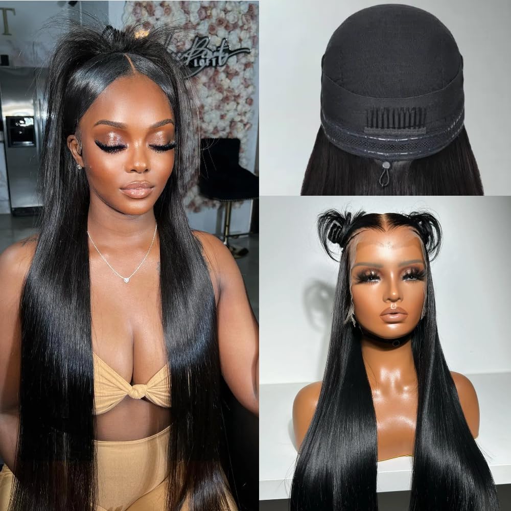 Photo 1 of Miss Flower 13x6 Glueless Pull Go Wigs With Drawstring 250 Density Hidden Strap Snug Fit Ultra-thin Invisible Lace Wig Pre Plucked Pre Cut Lace 34Inch Straight Frontal Wigs Human Hair For Women