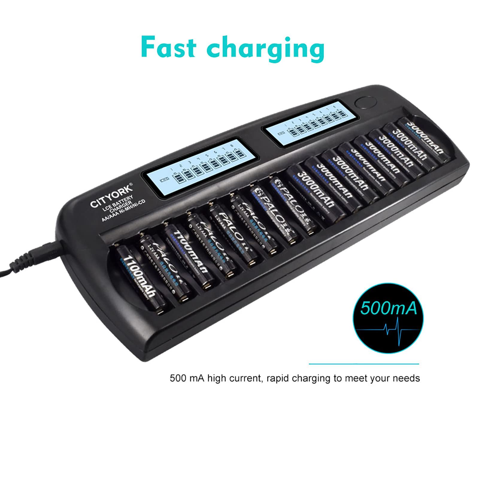CITYORK Chargeur de batterie intelligent AA/AAA à 16 emplacements, protection IC intégrée pour piles rechargeables AA/AAA NiMH/NiCd avec fonction de décharge et écran LCD