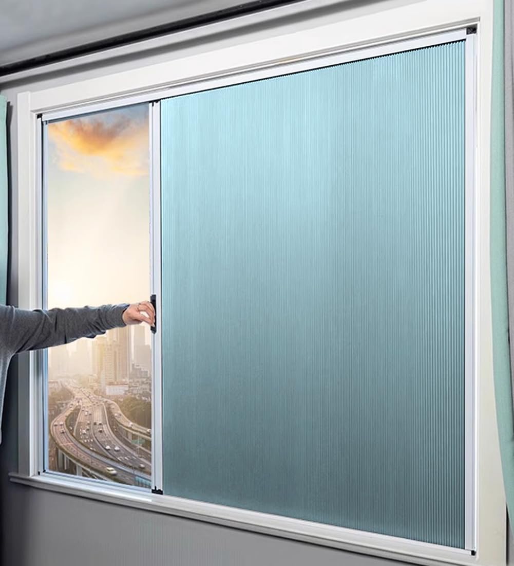 HEFJIAYCIQ No Drill Sliding Pleated Blind, Stick on Non-Woven Fabric Blinds for Windows, Privacy Protection Blinds for Windows,Blue,1300x1000mm