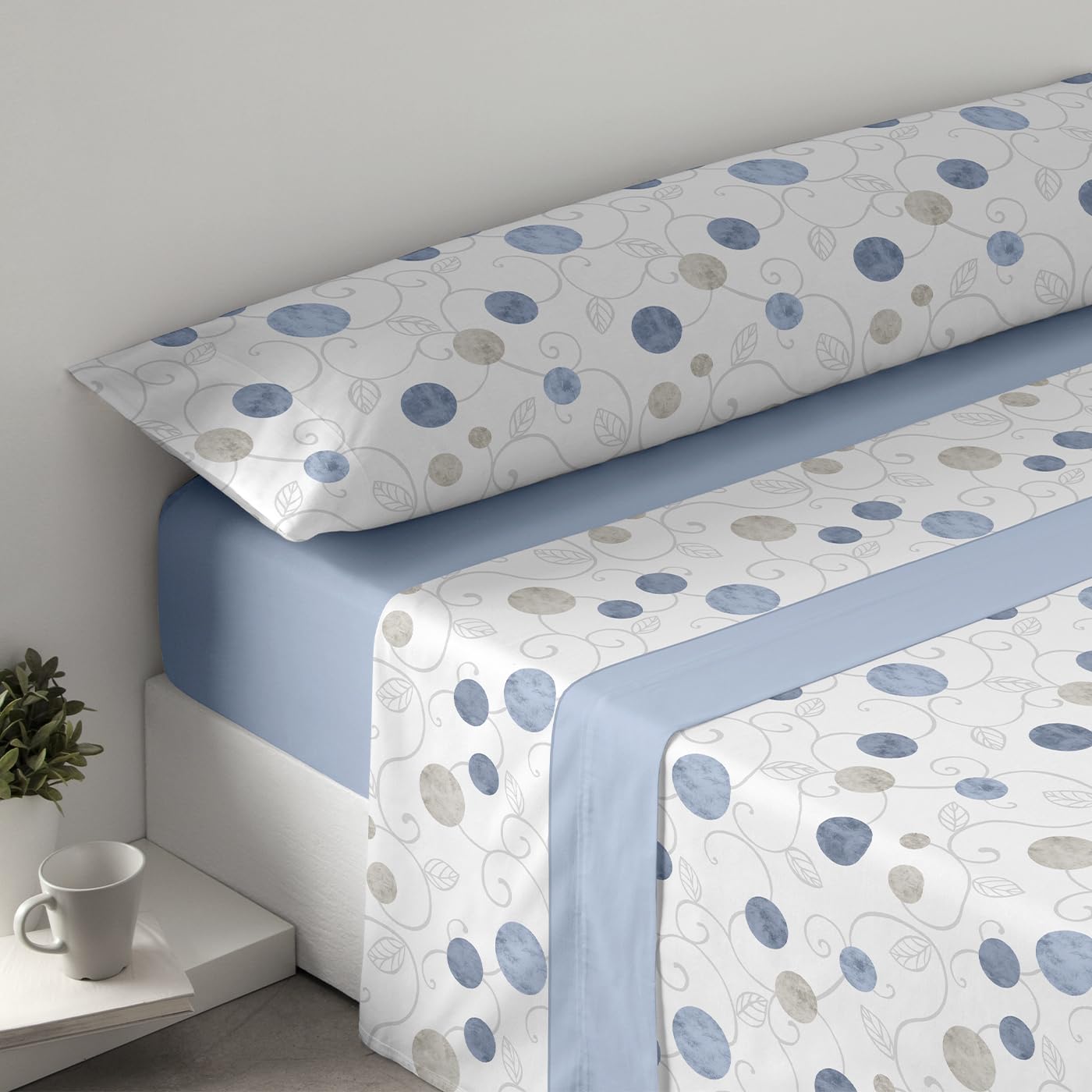 MERCURY TEXTIL- Juego de sábanas coralina, Invierno, Sábana Polar Microfibra Térmica. Sábana Bajera Ajustable, encimera y Funda Almohada. (Coralina Círculos Azul, Cama 135)